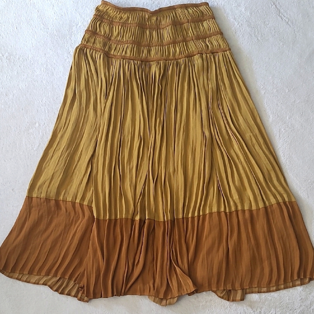 Anthropologie Pleated Midi Skirt XSP Boho Colorblock Elastic Waist Cottagecore